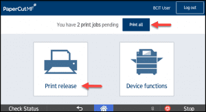 A printer device screen showing a red arrow pointing to a blue button at the top that says Print All. Below a second red arrow is pointing to a button named Print Release.