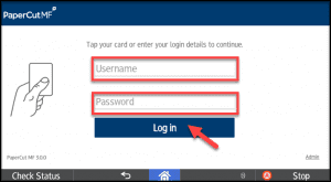 Username and password login screen with a red arrow pointing to a blue button that says login