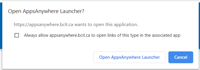 screen capture of pop-up asking whether the user wants to Open AppsAnywhere Launcher