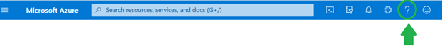 Screen capture of the Microsoft Azure site menu with a green circle and arrow indicating the location of the ? Help link