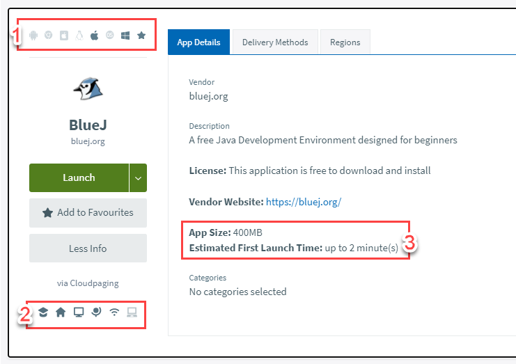 screen capture of the More Info screen for BlueJ, with red boxes outlining the OS compatibility icons, the delivery restriction icons, and the first launch time estimate