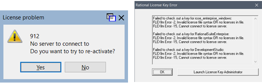 screen capture of two error messages about license problems