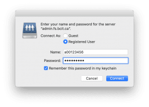 A username and credential popup window with BCIT ID and password entered