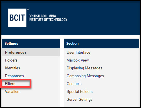 Screenshot of Filters link in myBCIT email settings