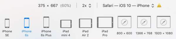 device presets represented by small line drawings of the various devices, including iPhones, iPads, etc., as well as other options