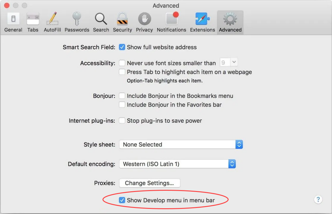 Safari preference window showing the Advanced tab, with a red circle around the Show Develop menu in menu bar