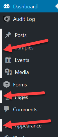 Wordpress menu with red arrows pointing to the light-grey edging marking certain items as being affected by the current section