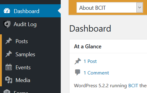WordPress admin interface with the About BCIT section selected, changing the selector bar to orange