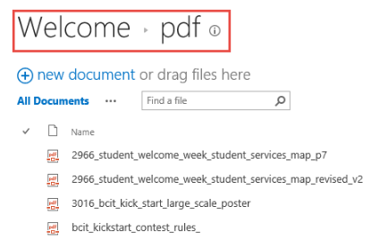 the current location - welcome/pdf highlighted with a red square above a list of PDF file names