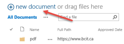 a red arrow pointing to the blue +new document link at the top of the file list