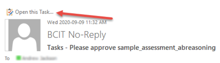 red arrow pointing to Open this task link above the email header