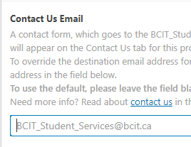 Contact form email field showing the grey default option of Student_Services@bcit.ca