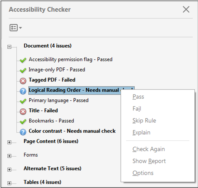 capture of the Accessibility Checker output, showing that the checked document has 4 issues