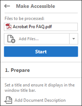 Make accessible pane in Adobe Acrobat, showing a selector for the files to be processed and a blue Start button