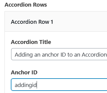 Accordion Row 1 view, with Accordion title and Anchor ID fields visible, showing that Anchor ID contains the text "addingid"
