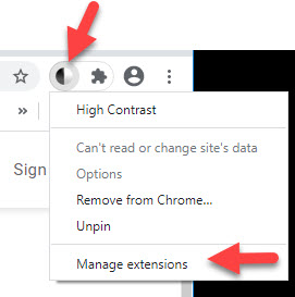 Screenshot Google Chrome High Contrast Manage Extensions