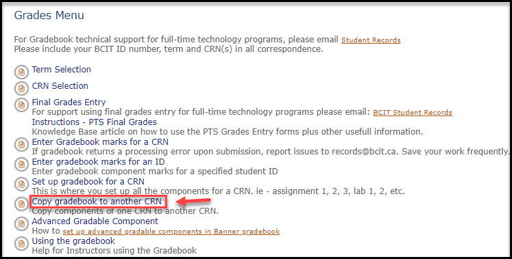 Screenshot of Copy gradebook to another CRN link in myBCIT
