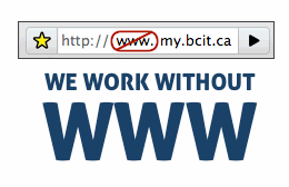 address bar showing "www.my.bcit.ca" with the "www" circled and crossed out in red