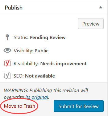 Publish sidebar with Move to trash link circled in red