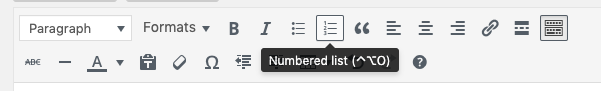 WordPress editing toolbar with the cursor hovering over the numbered list tool