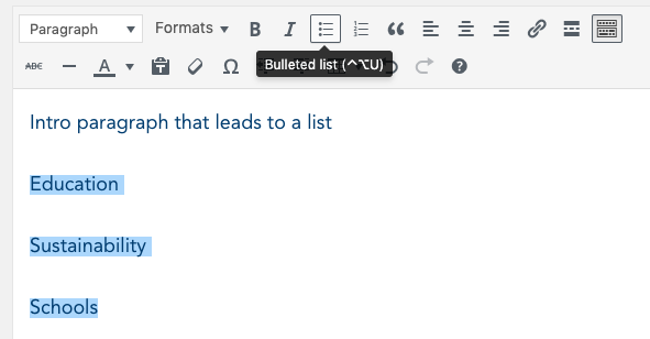 WordPress editing toolbar with the cursor hovering over the bulleted list tool