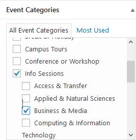 event categories checkboxes