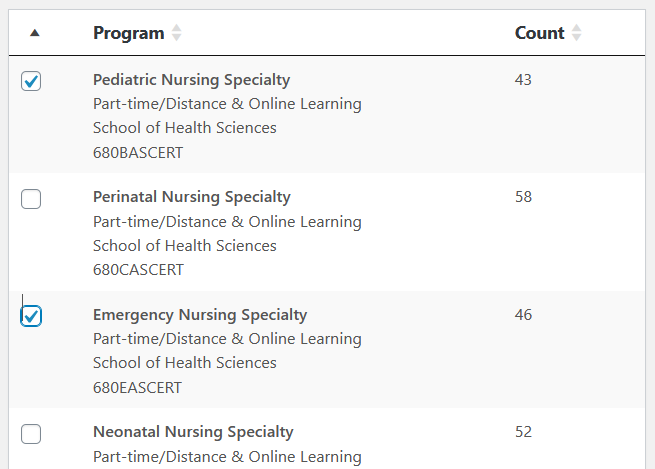 List of nursing programs with Pediatric and Emergency nursing programs checked