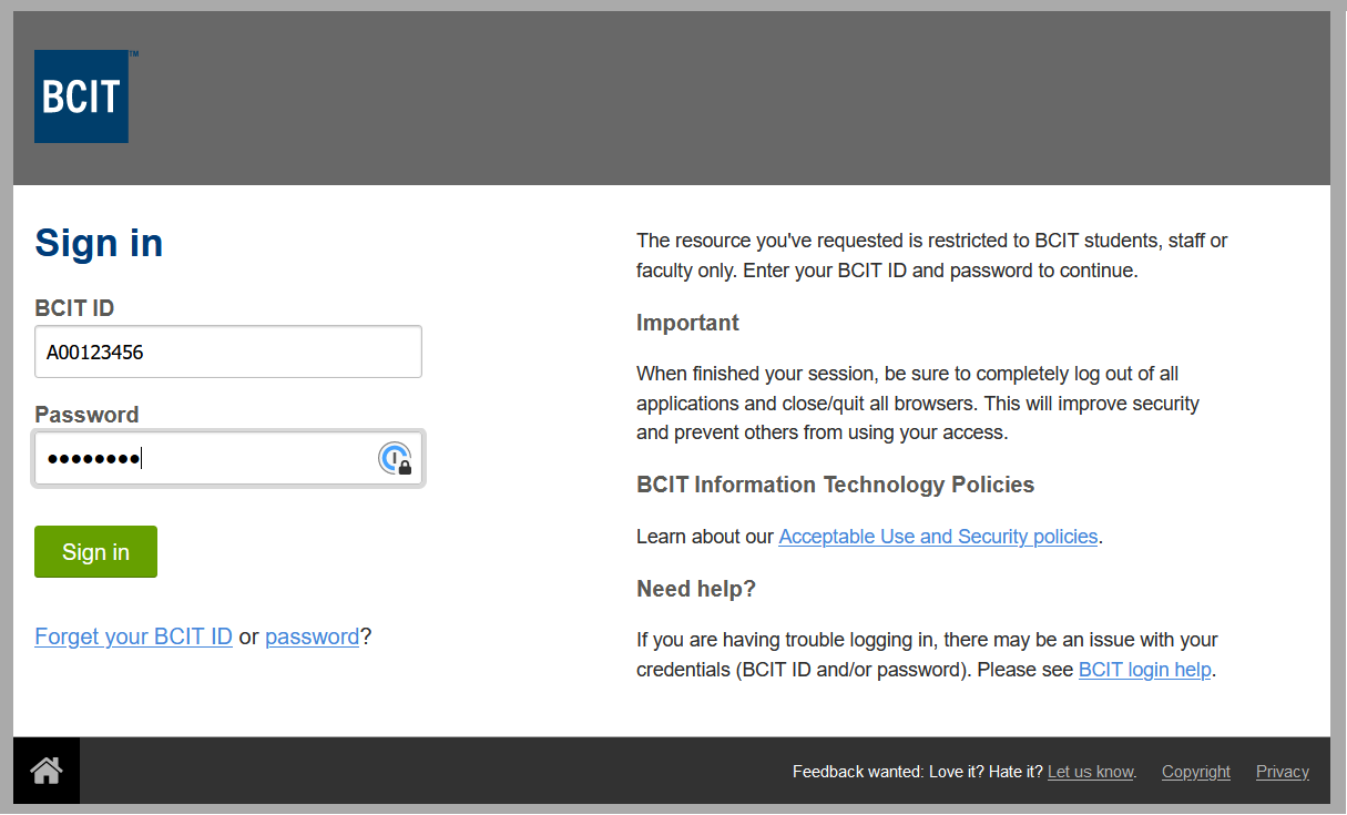 Standard BCIT sign in page with the blue BCIT logo on a grey background across the top and the green sign in button below the BCIT ID and Password fields
