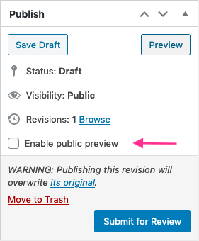 Publish sidebar in WordPress with a red arrow pointing to the Enable public preview checkbox, below the revision count
