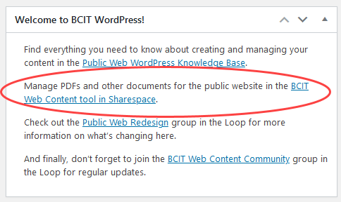 Welcome text on the WordPress dashboard with the BCIT Web Content Tool link circled in red