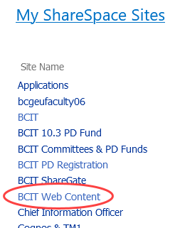 List of My ShareSpace Sites with BCIT Web Content circled in red