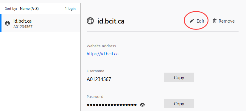 id.bcit.ca saved login with a red circle around the Edit button