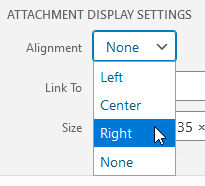 The Alignment dropdown under Attachment Display settings showing that the image could have be: left, center, right, or none