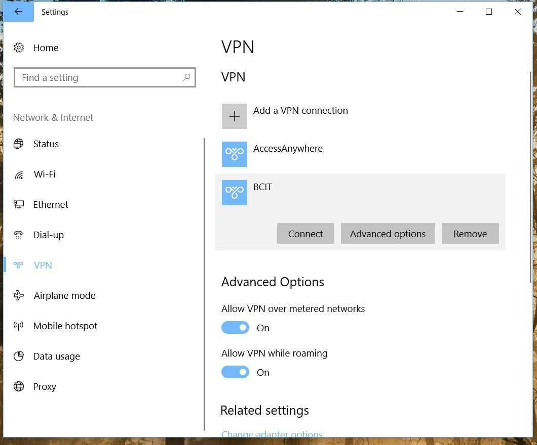 VPN settings window showing the Advanced options button underneath the selected BCIT VPN item