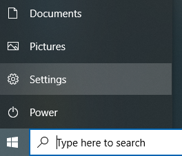 Windows menu with Settings highlighted