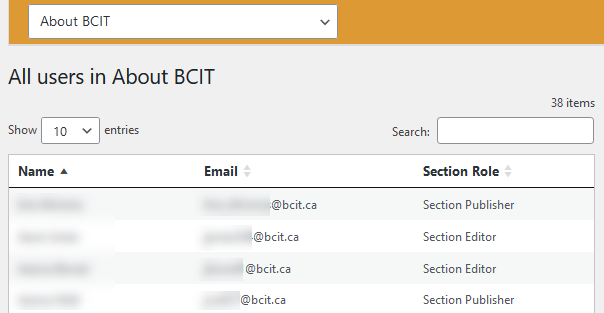 The list of all users in About BCIT section (with names blurred out)