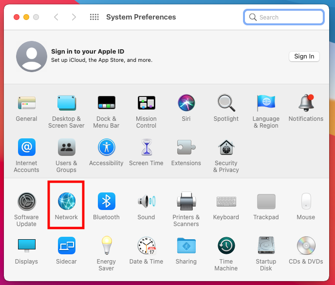 System Preferences window with a red square drawn around the blue globe network icon