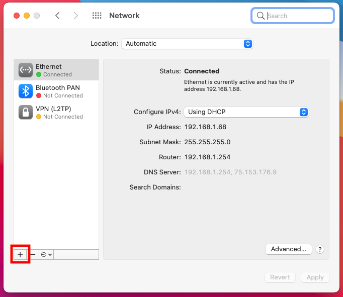 Network window with a red square showing the plus sign at the bottom left of the list of connections