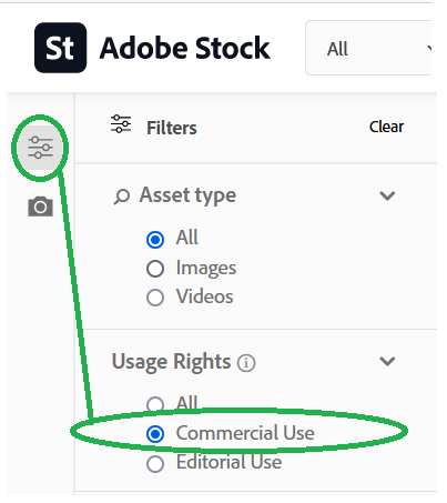 Adobe Stock settings with the settings icon and commercial use circled in green