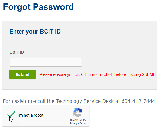 Forgot password screen showing a checked captcha checkbox