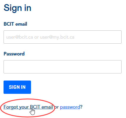 BCIT login page with a red circle around the forgot your BCIT email link