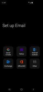 a android device menu titled Set up Email