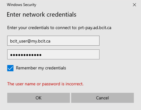 Enter network credentials popup showing the mybcit email address and masked password
