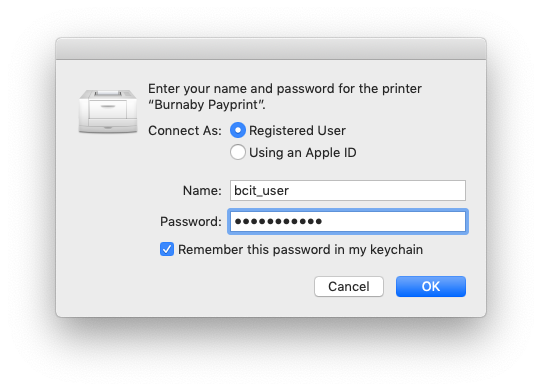 Enter your username and password dialog box showing the email prefix bcit_user and a masked password