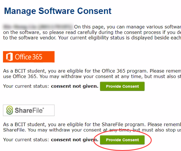 Manage Software Consent page showing the green ShareFile logo and the green Provide Consent button circled in red