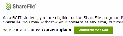 Sharefile entry under Manage Software Consent with the green withdraw consent button at the bottom right