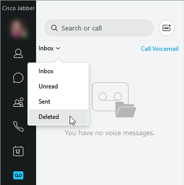 jabber voicemail screen showing the inbox dropdown