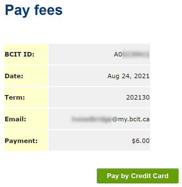 Pay fees page showing a summary of the fees to be paid and a green pay by credit card button at the bottom right
