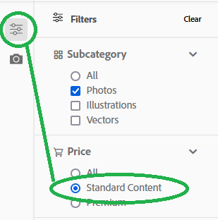 Filters showing the Price section, with Standard content circled in green