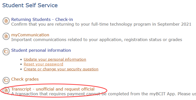 Student Self Service menu with the Transcript menu item circled in red